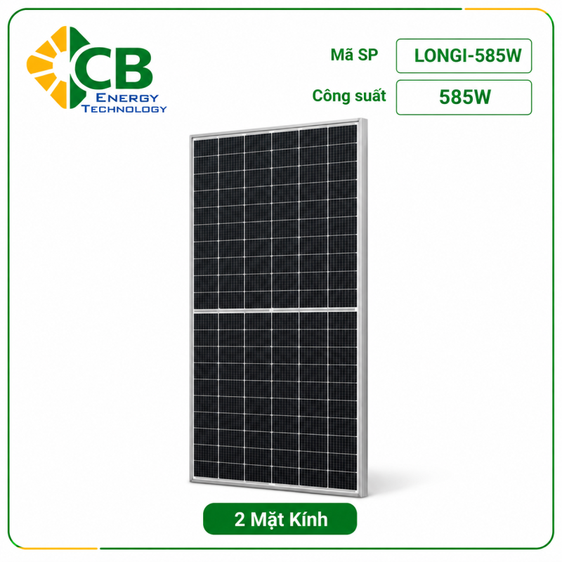 Tấm pin năng lượng mặt trời Longi Solar 585W 2 mặt kính